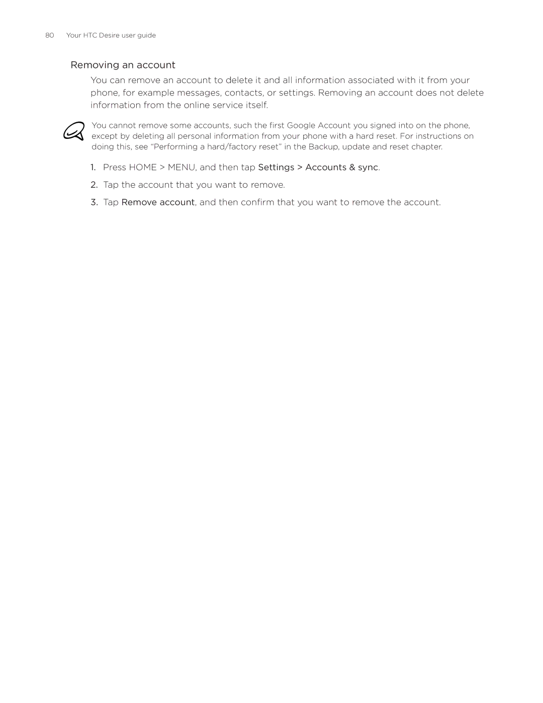 HTC Desire manual Removing an account 