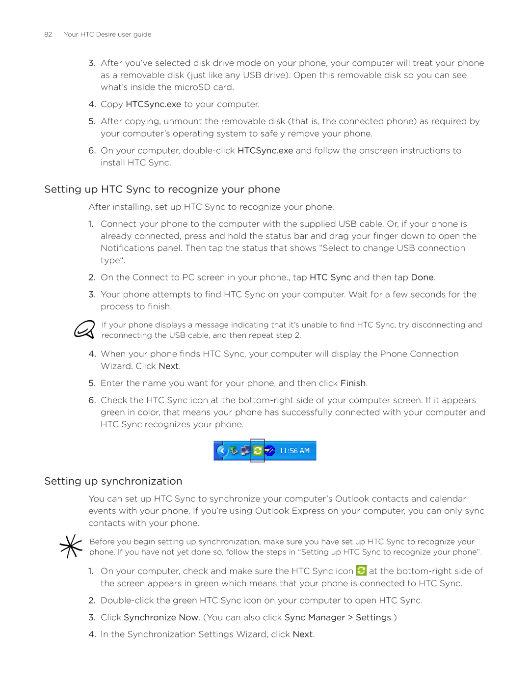 HTC Desire manual Setting up HTC Sync to recognize your phone, Setting up synchronization 