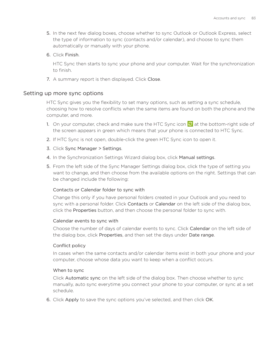 HTC Desire manual Setting up more sync options 