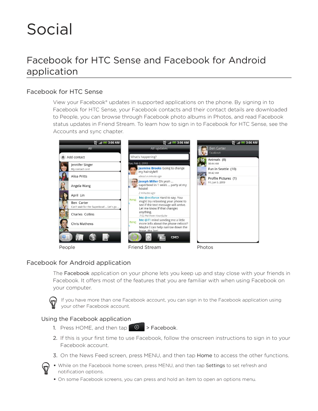 HTC Desire manual Social, Facebook for HTC Sense and Facebook for Android application, Using the Facebook application 