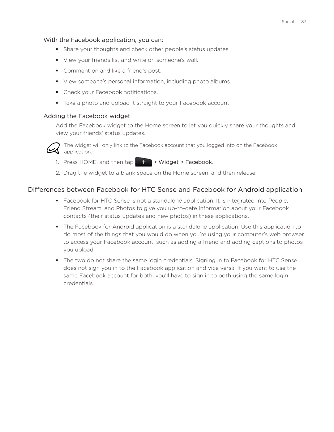 HTC Desire manual With the Facebook application, you can, Adding the Facebook widget 
