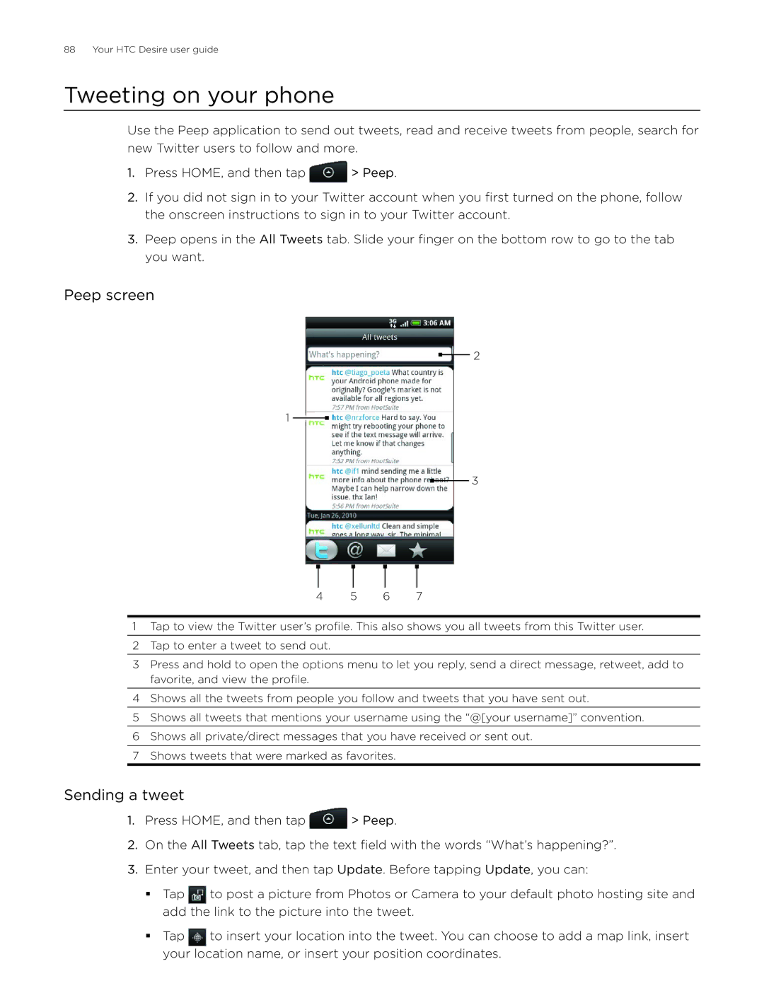 HTC Desire manual Tweeting on your phone, Peep screen, Sending a tweet 