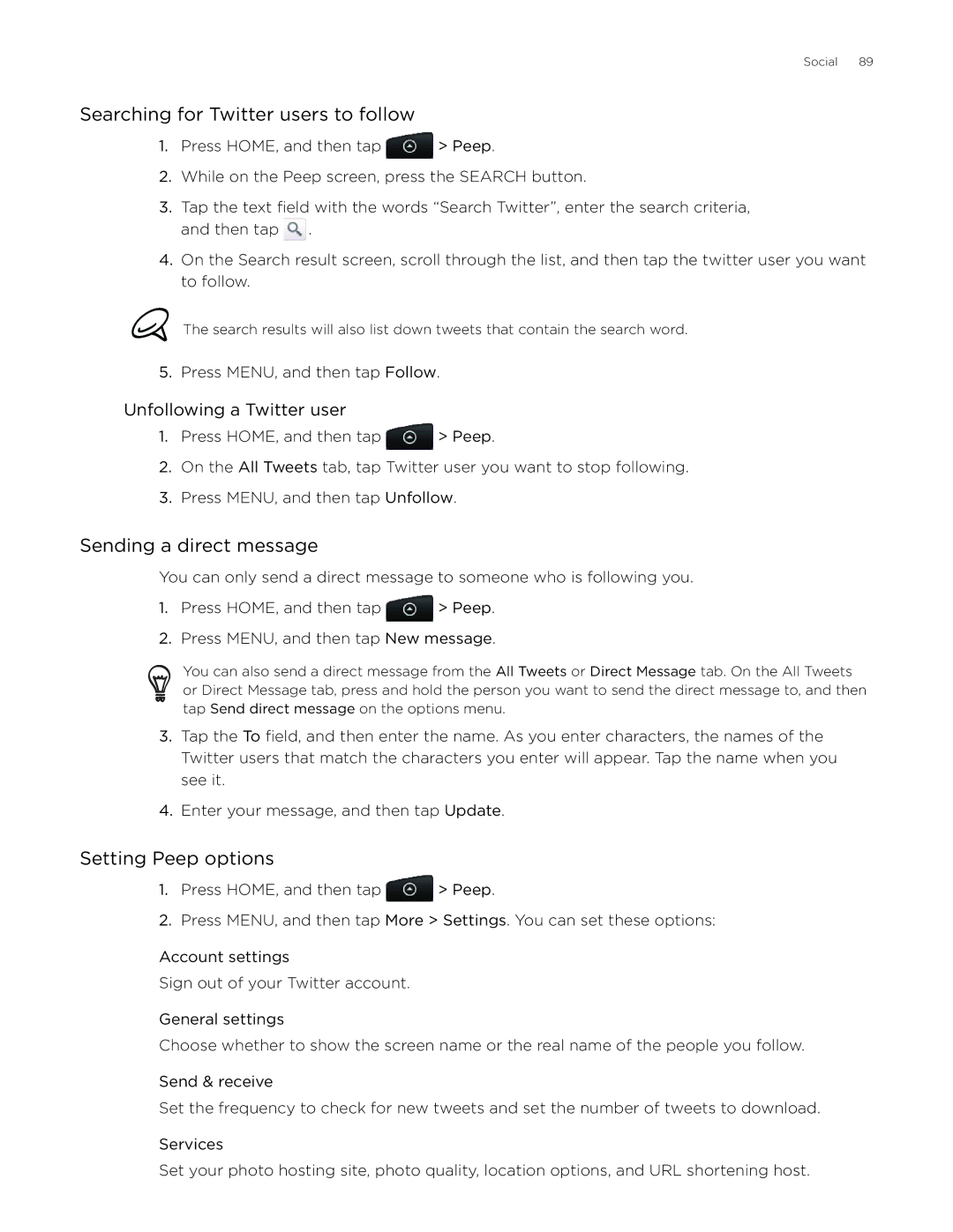 HTC Desire manual Searching for Twitter users to follow, Sending a direct message, Setting Peep options 