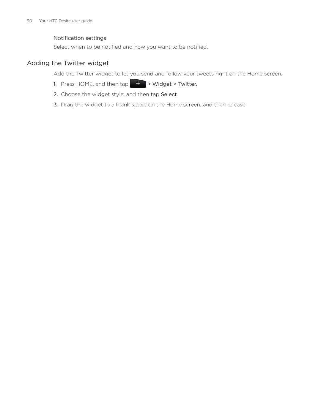 HTC Desire manual Adding the Twitter widget 