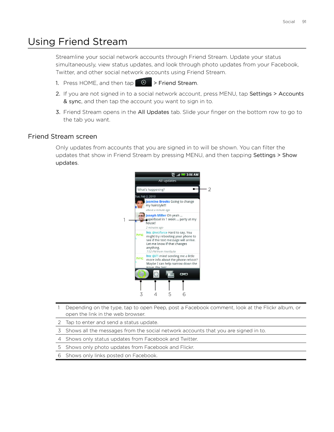HTC Desire manual Using Friend Stream, Friend Stream screen 