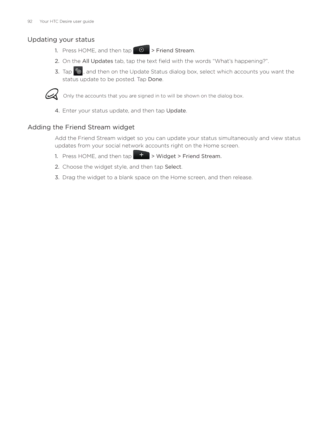 HTC Desire manual Updating your status, Adding the Friend Stream widget 