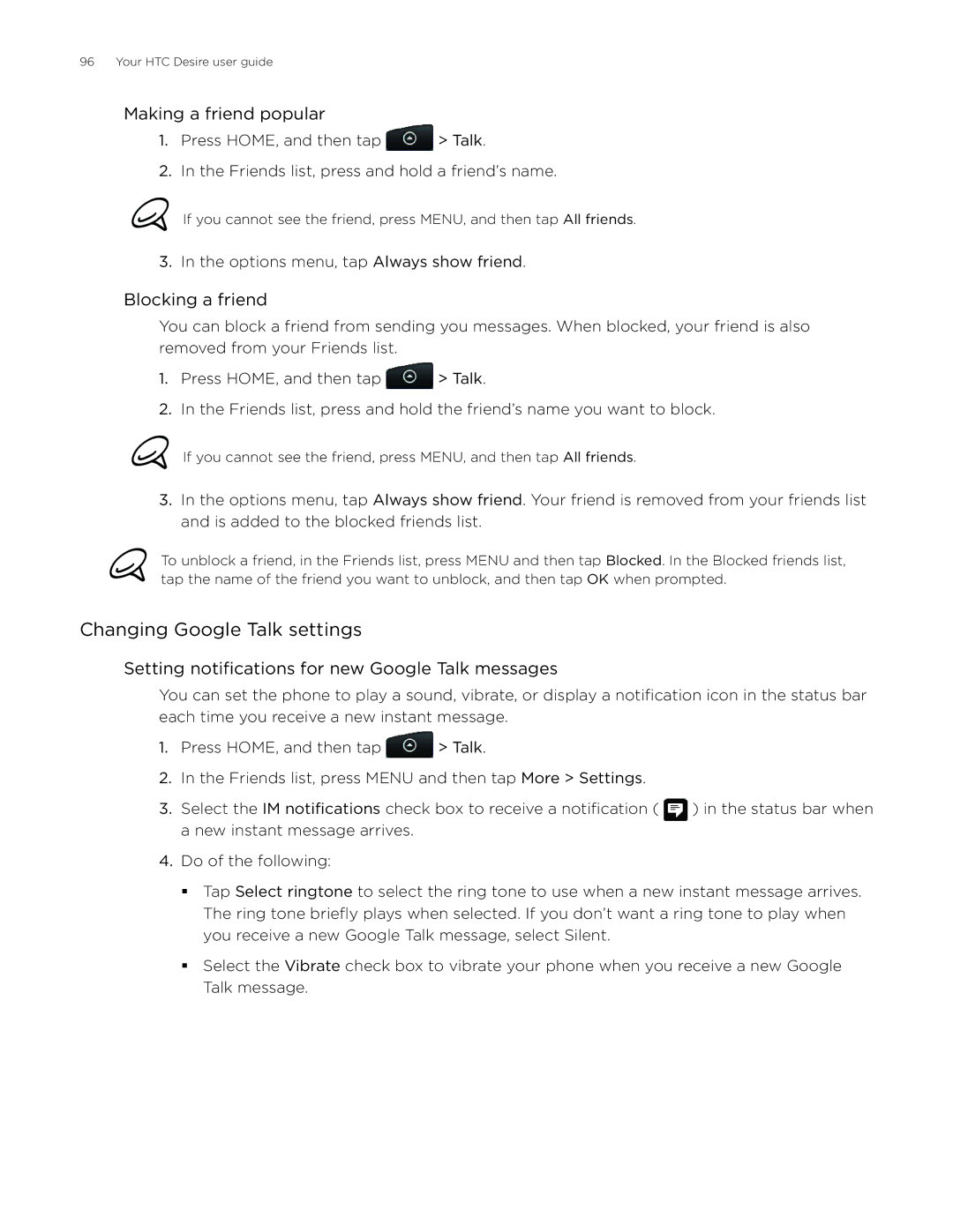 HTC Desire manual Changing Google Talk settings, Making a friend popular, Blocking a friend 