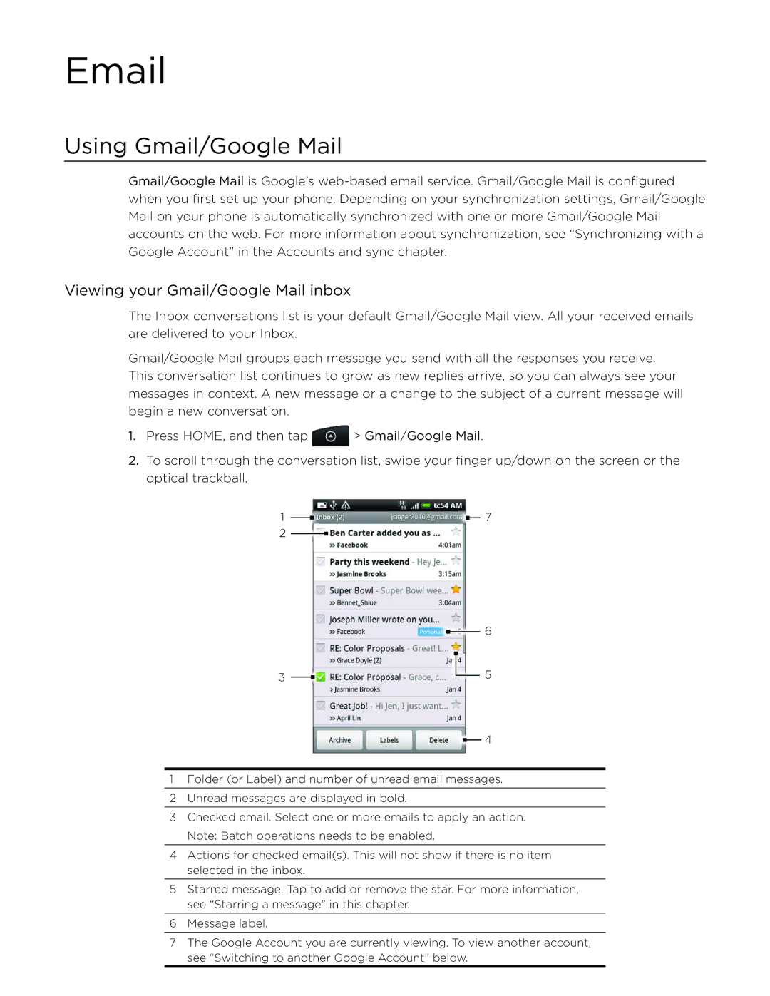 HTC Desire manual Using Gmail/Google Mail, Viewing your Gmail/Google Mail inbox 