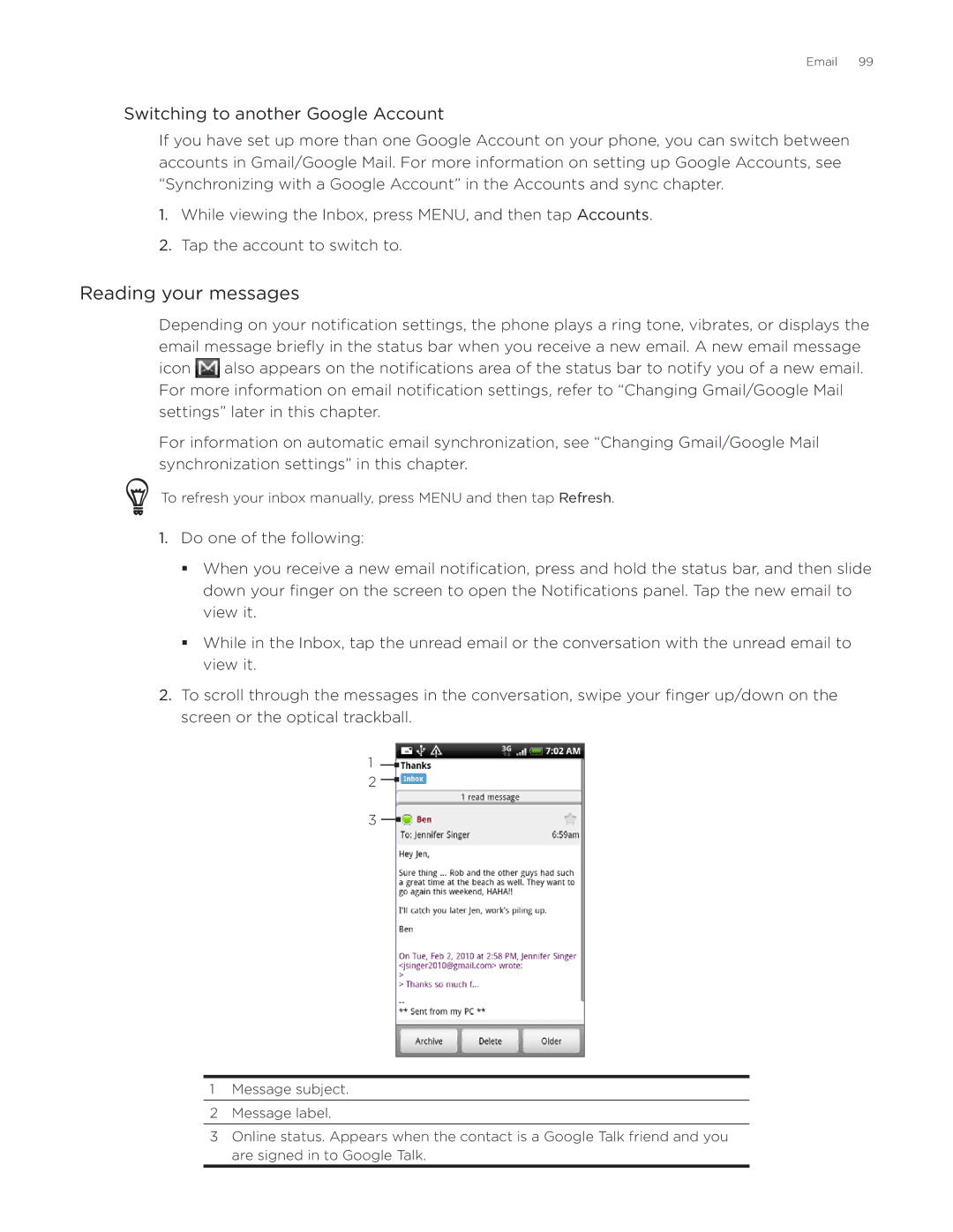 HTC Desire manual Reading your messages, Switching to another Google Account 