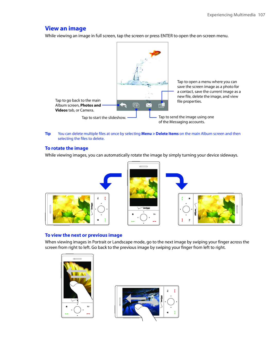 HTC DIAM400 user manual View an image, To rotate the image, To view the next or previous image 