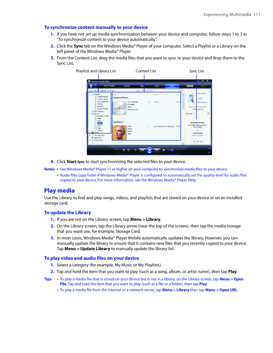 HTC DIAM400 user manual Play media, To synchronize content manually to your device, To update the Library 