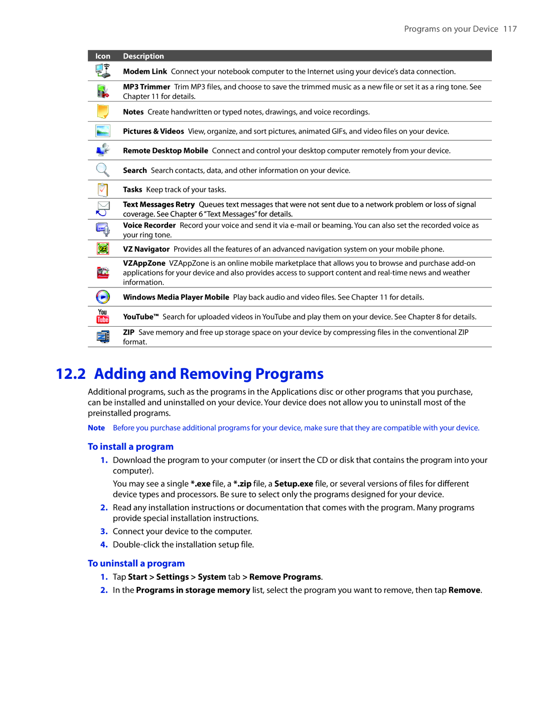 HTC DIAM400 user manual Adding and Removing Programs, To install a program, To uninstall a program 