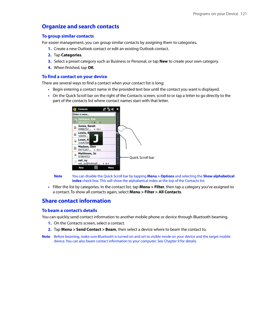 HTC DIAM400 user manual Organize and search contacts, Share contact information, To group similar contacts 