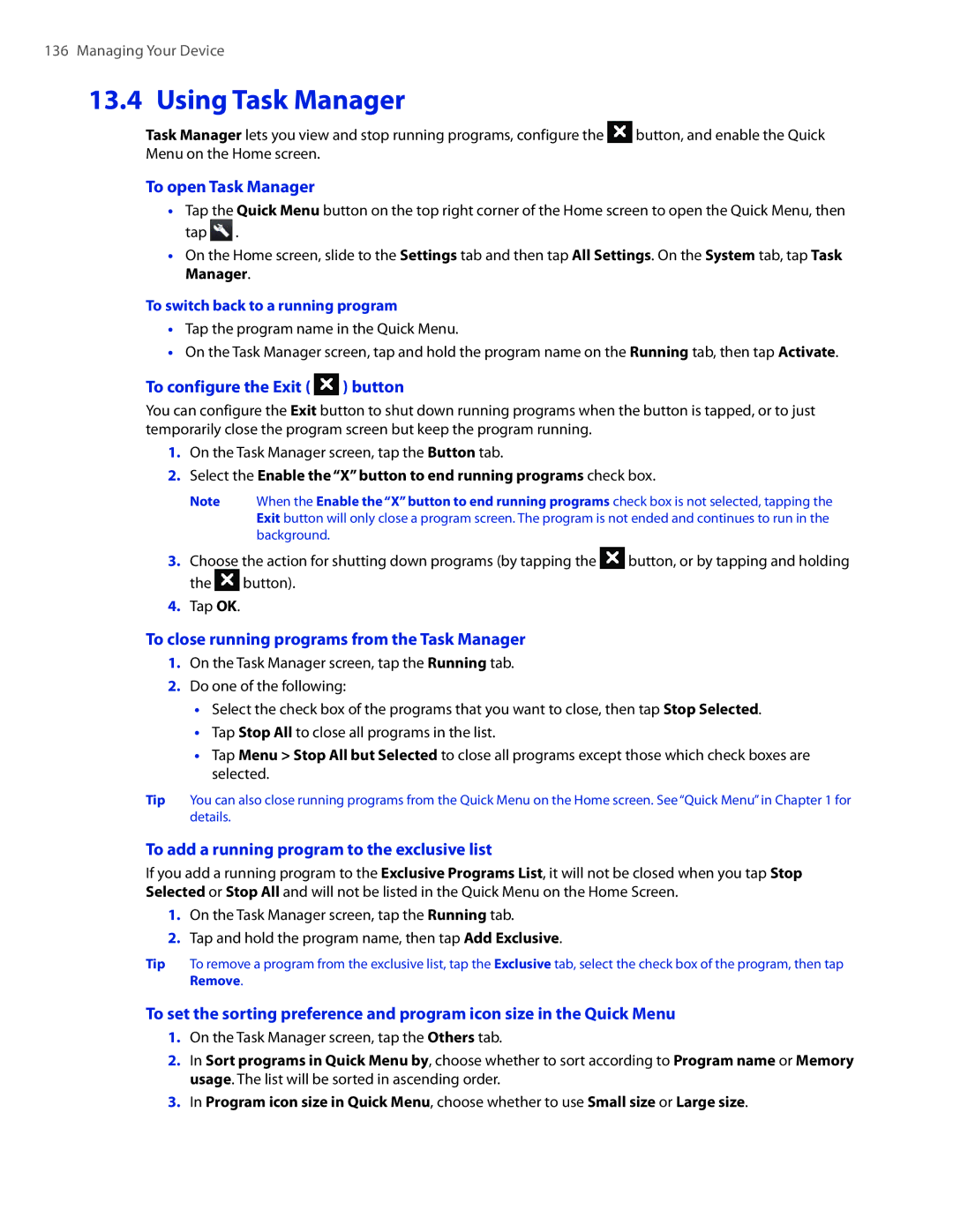 HTC DIAM400 user manual Using Task Manager, To open Task Manager, To configure the Exit button 