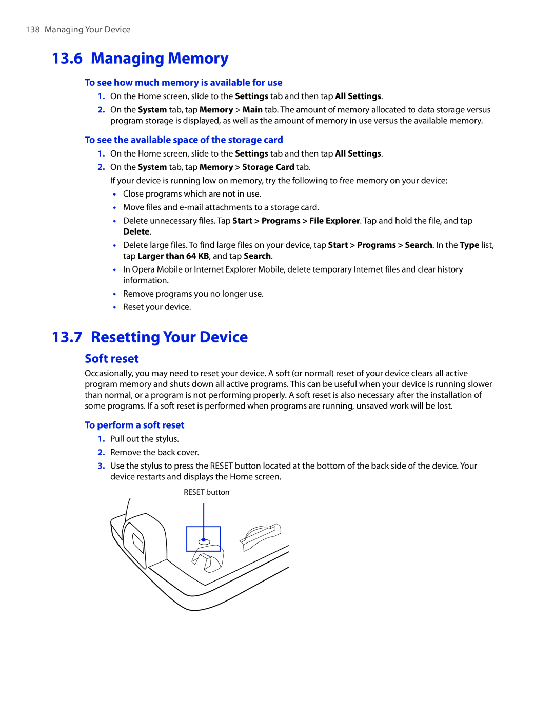 HTC DIAM400 user manual Managing Memory, Resetting Your Device, Soft reset 