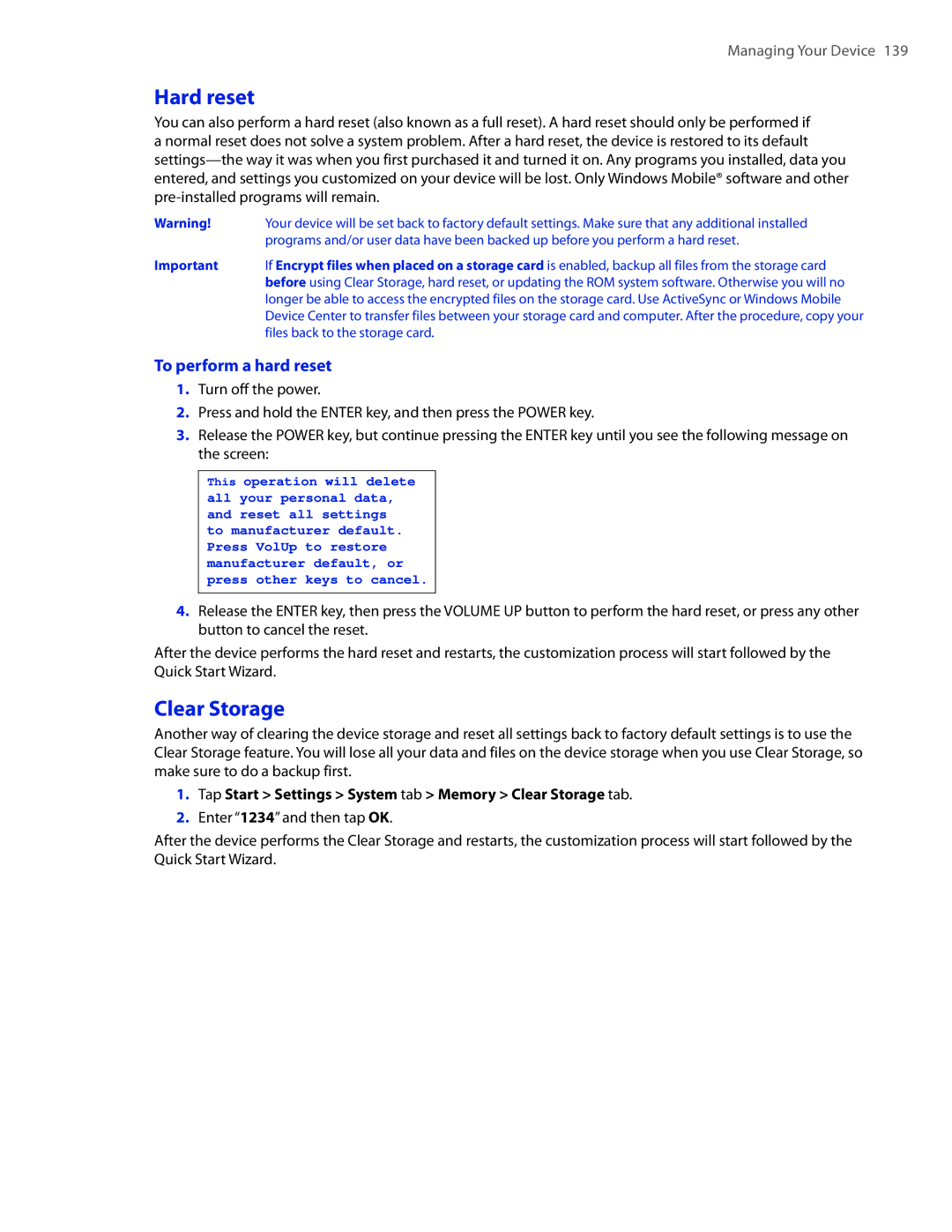 HTC DIAM400 user manual Hard reset, To perform a hard reset, Tap Start Settings System tab Memory Clear Storage tab 