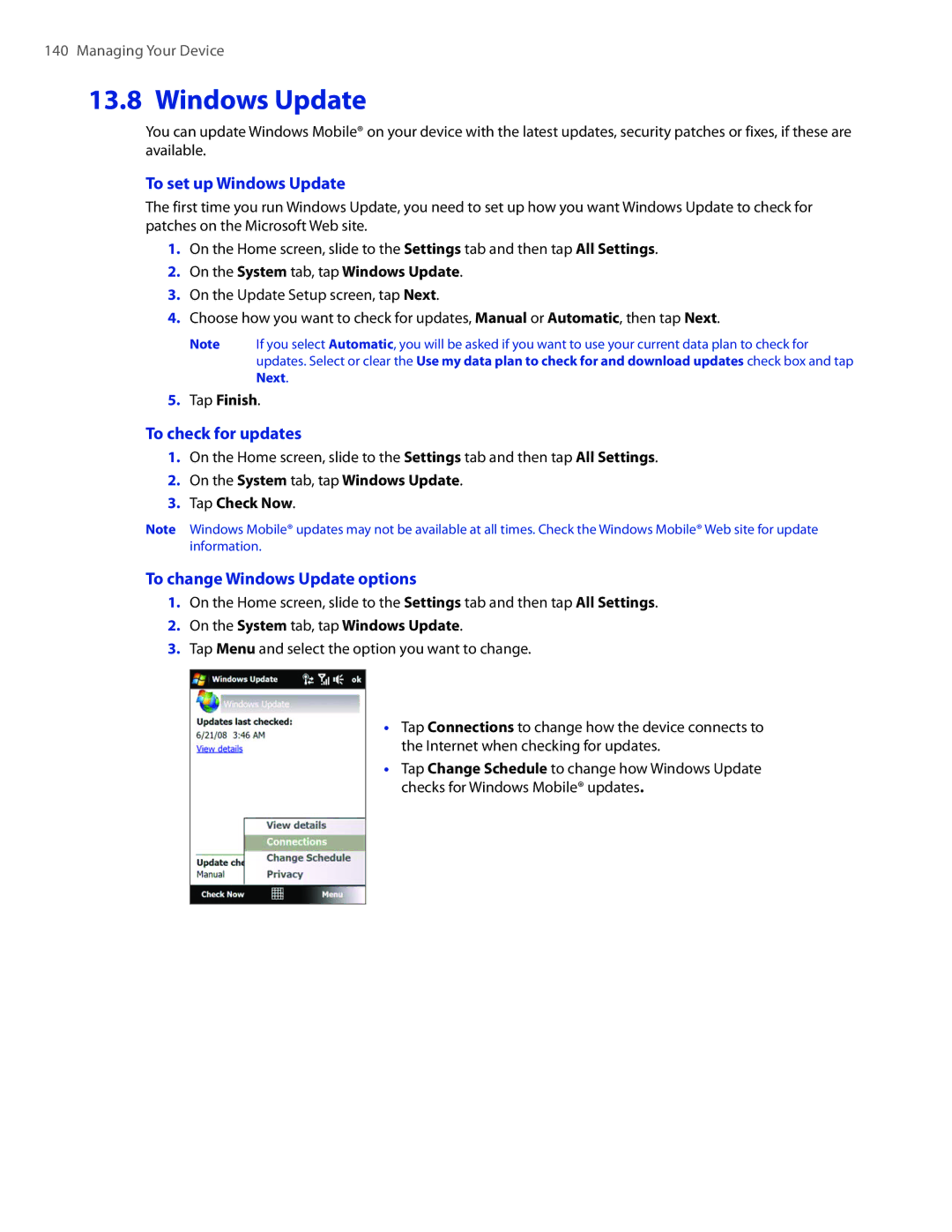 HTC DIAM400 user manual To set up Windows Update, To check for updates, To change Windows Update options 