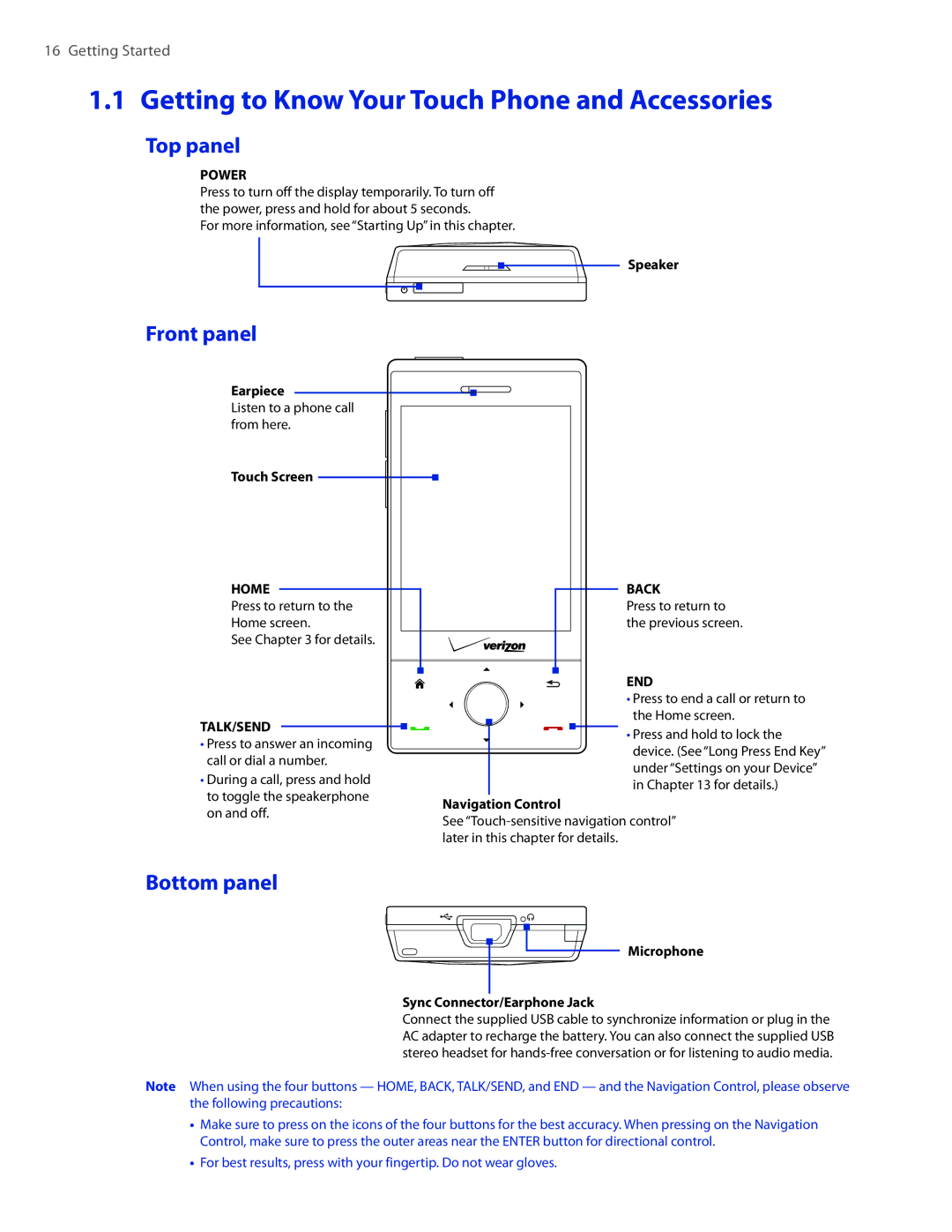 HTC DIAM400 user manual Getting to Know Your Touch Phone and Accessories, Top panel, Front panel, Bottom panel 