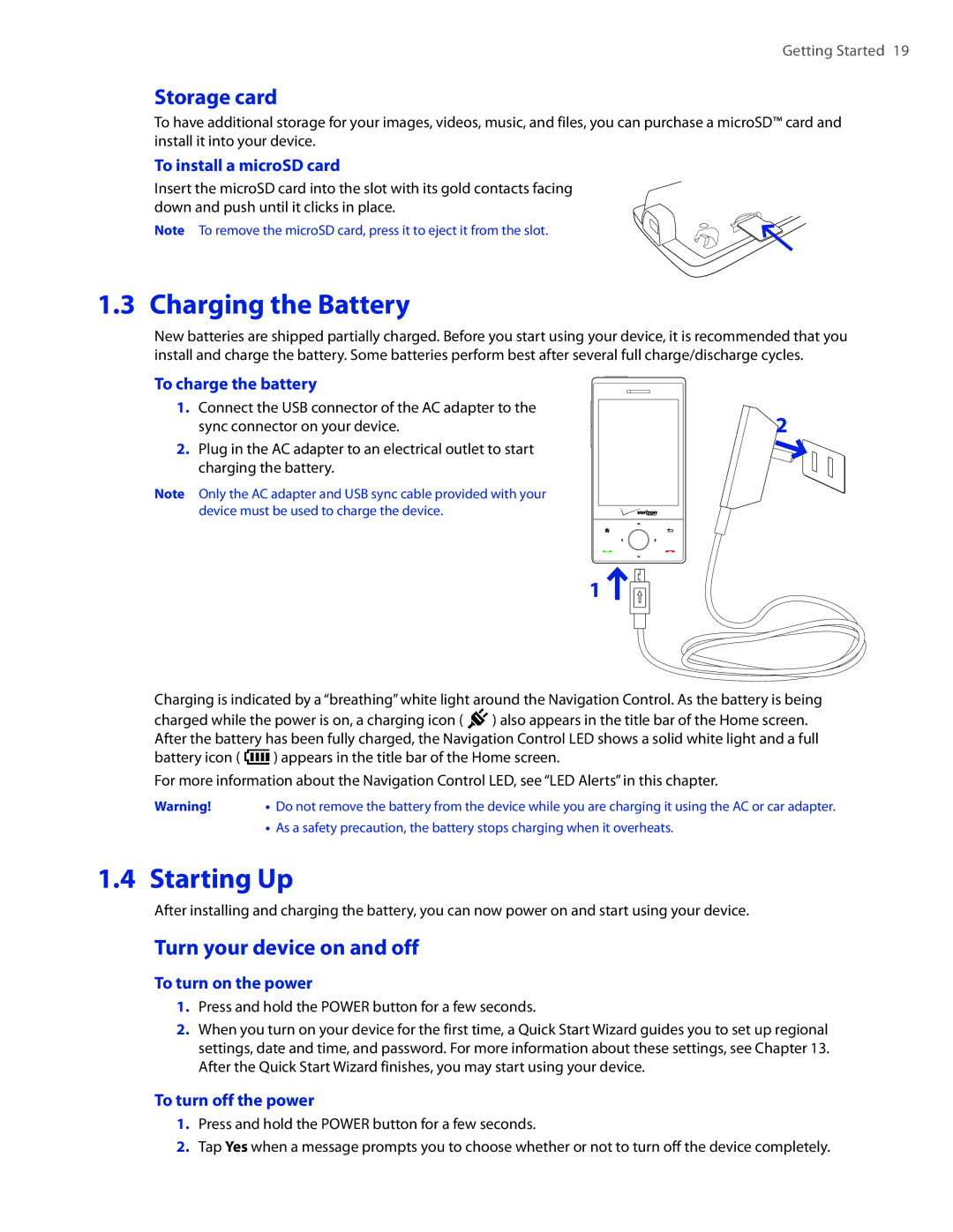 HTC DIAM400 user manual Charging the Battery, Starting Up, Storage card, Turn your device on and off 