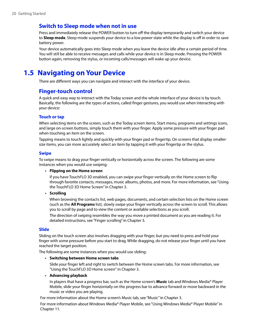 HTC DIAM400 user manual Navigating on Your Device, Switch to Sleep mode when not in use, Finger-touch control 