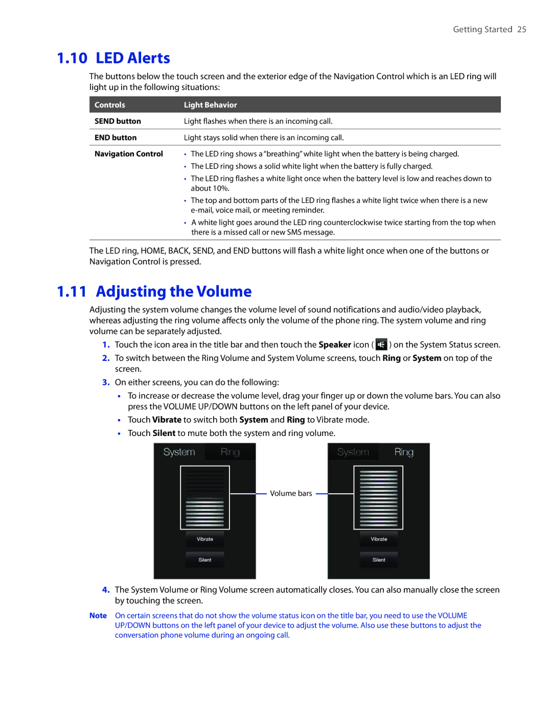 HTC DIAM400 user manual LED Alerts, Adjusting the Volume, Controls Light Behavior 