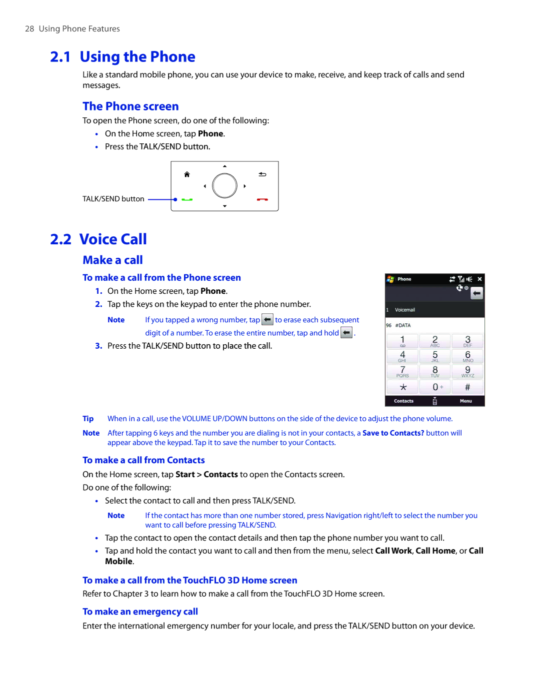 HTC DIAM400 user manual Using the Phone, Voice Call, Phone screen, Make a call 