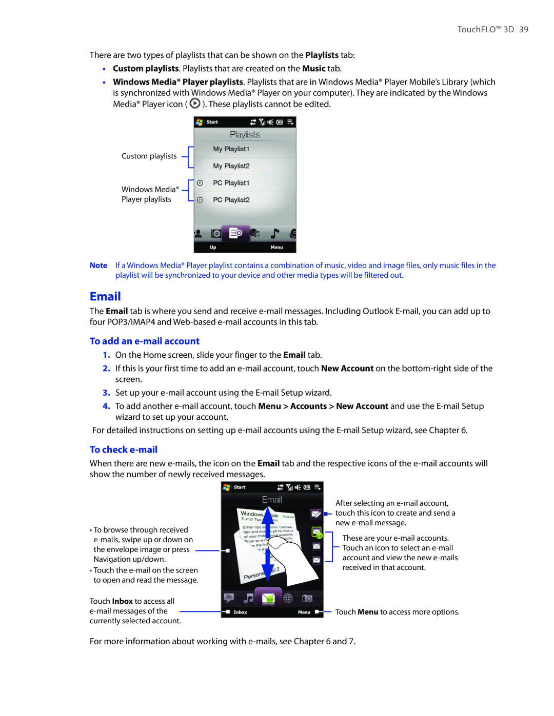 HTC DIAM400 user manual To add an e-mail account, To check e-mail, For more information about working with e-mails, see 