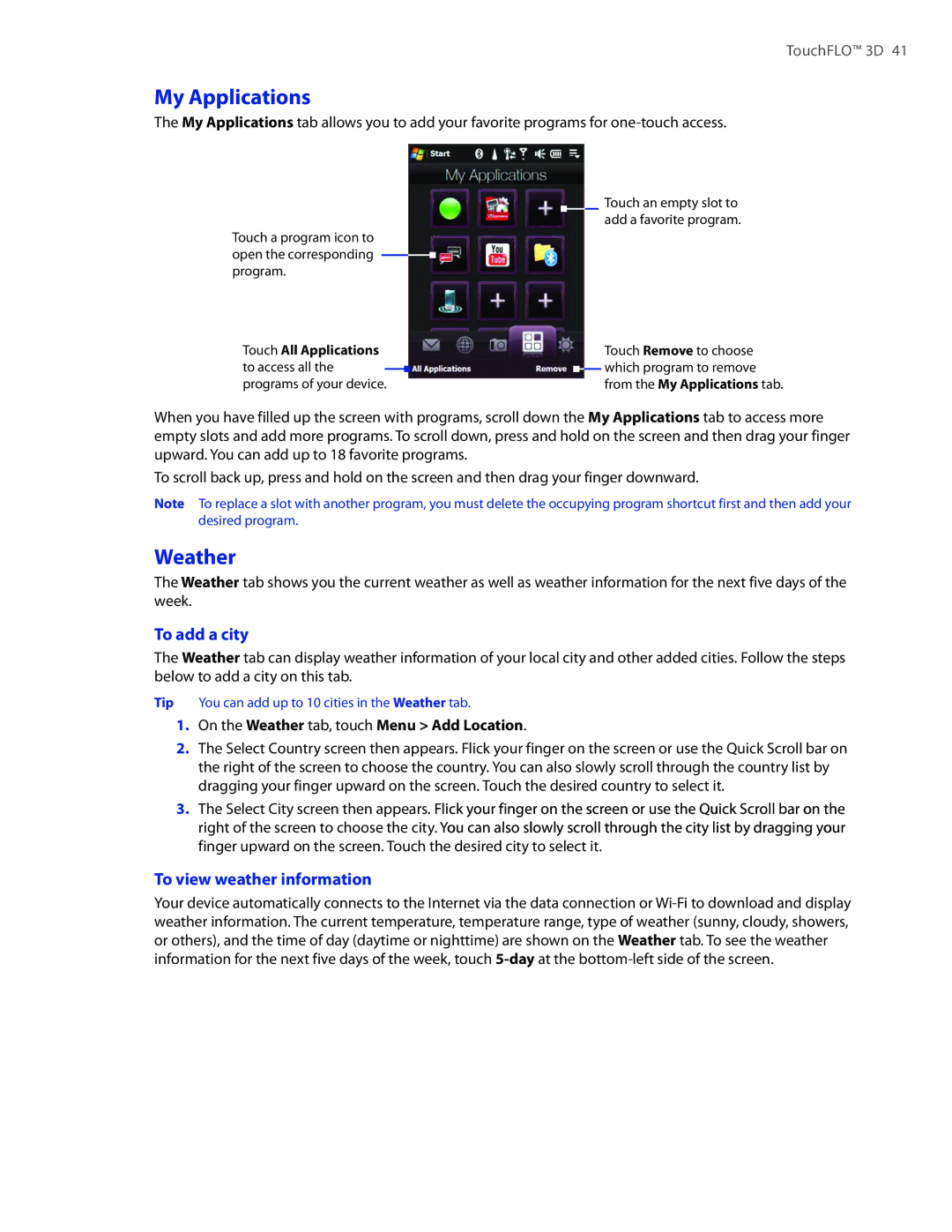 HTC DIAM400 user manual My Applications, Weather, To add a city, To view weather information 