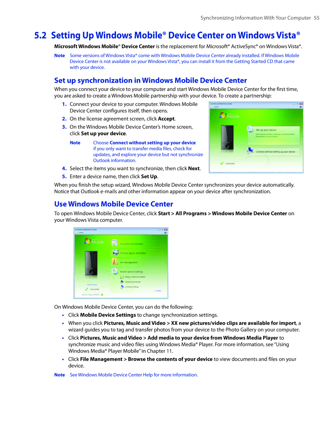 HTC DIAM400 user manual Set up synchronization in Windows Mobile Device Center, Use Windows Mobile Device Center 