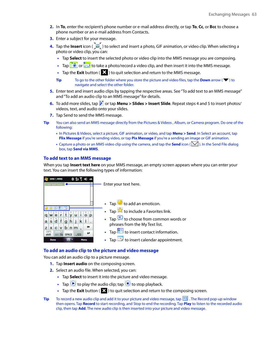 HTC DIAM400 user manual To add text to an MMS message, To add an audio clip to the picture and video message 