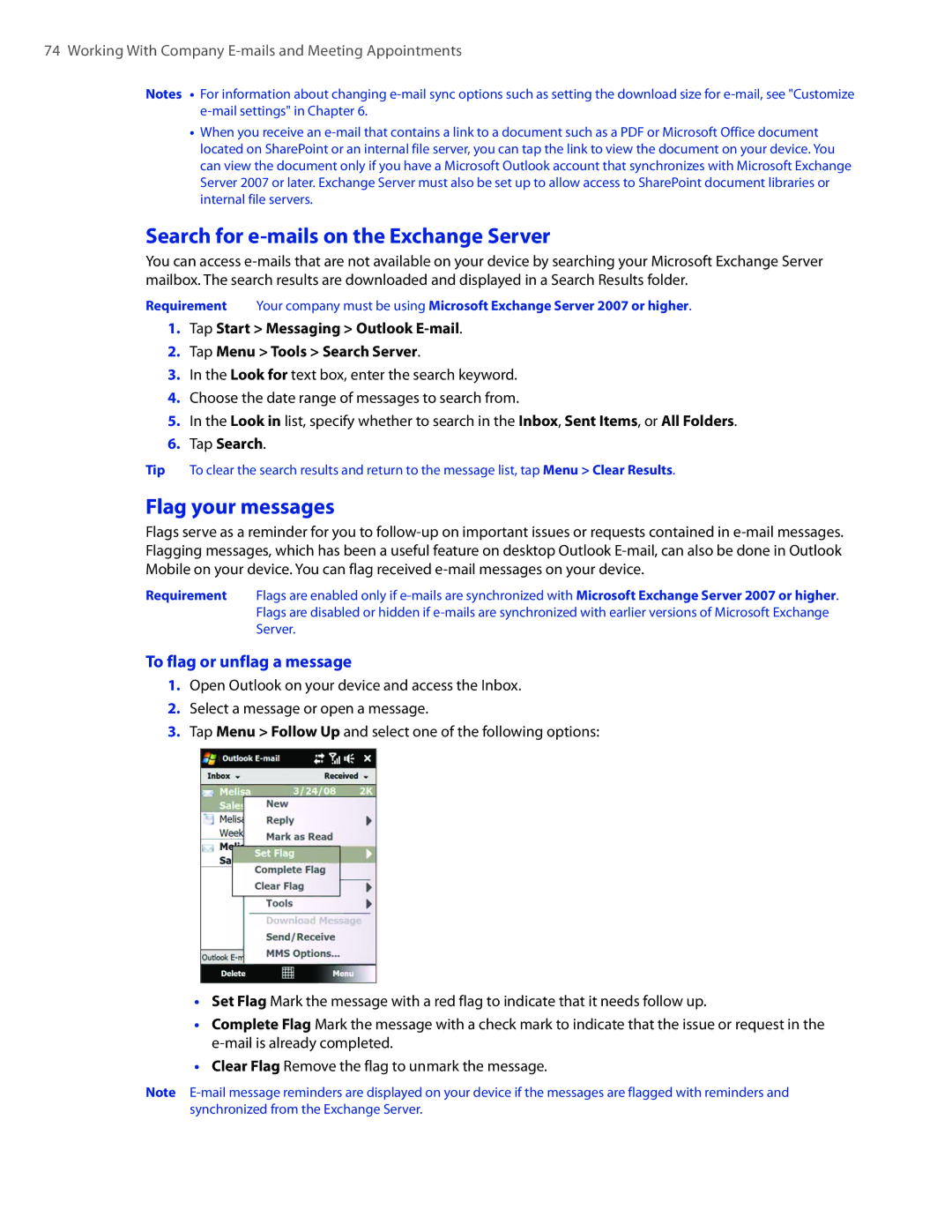 HTC DIAM400 Search for e-mails on the Exchange Server, Flag your messages, To flag or unflag a message, Tap Search 