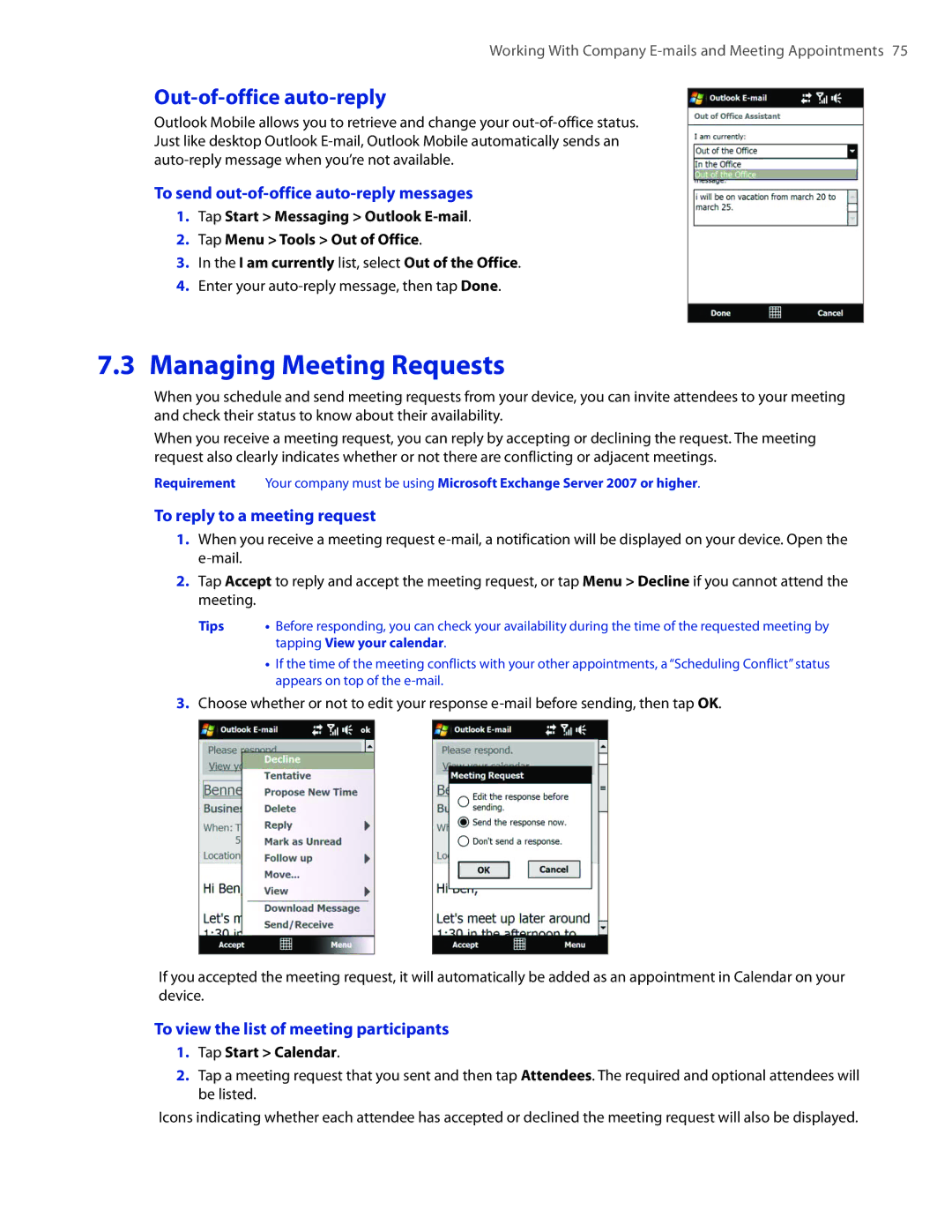 HTC DIAM400 user manual Managing Meeting Requests, Out-of-office auto-reply, To send out-of-office auto-reply messages 