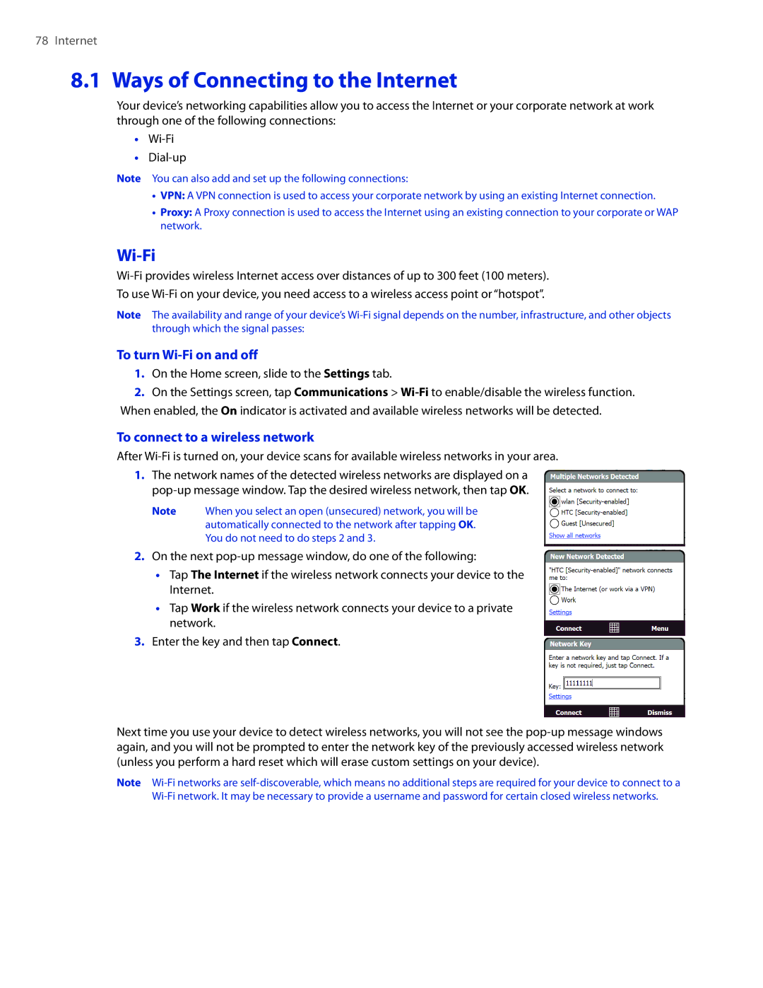 HTC DIAM400 user manual Ways of Connecting to the Internet, To turn Wi-Fi on and off, To connect to a wireless network 