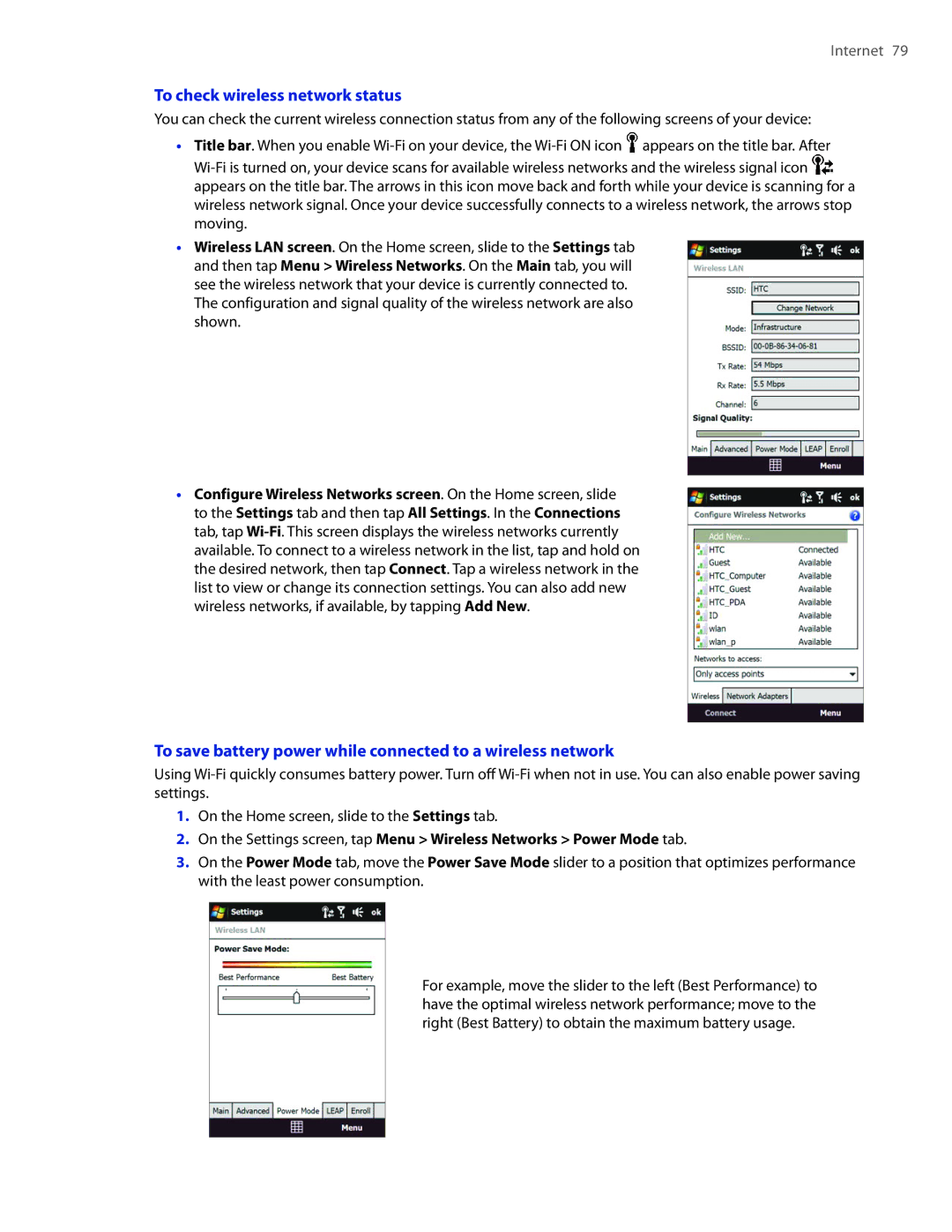 HTC DIAM400 user manual To check wireless network status, To save battery power while connected to a wireless network 