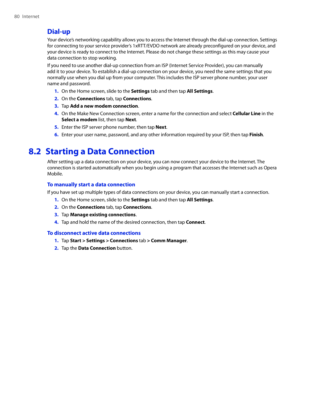 HTC DIAM400 user manual Starting a Data Connection, Dial-up, To manually start a data connection 