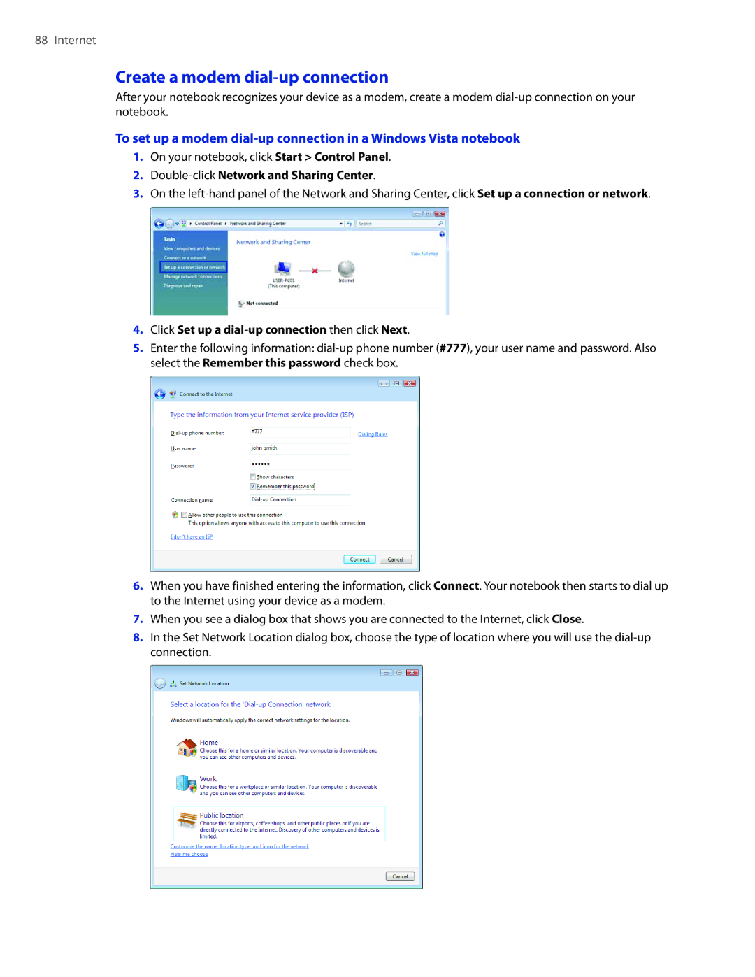 HTC DIAM400 user manual Create a modem dial-up connection, On your notebook, click Start Control Panel 