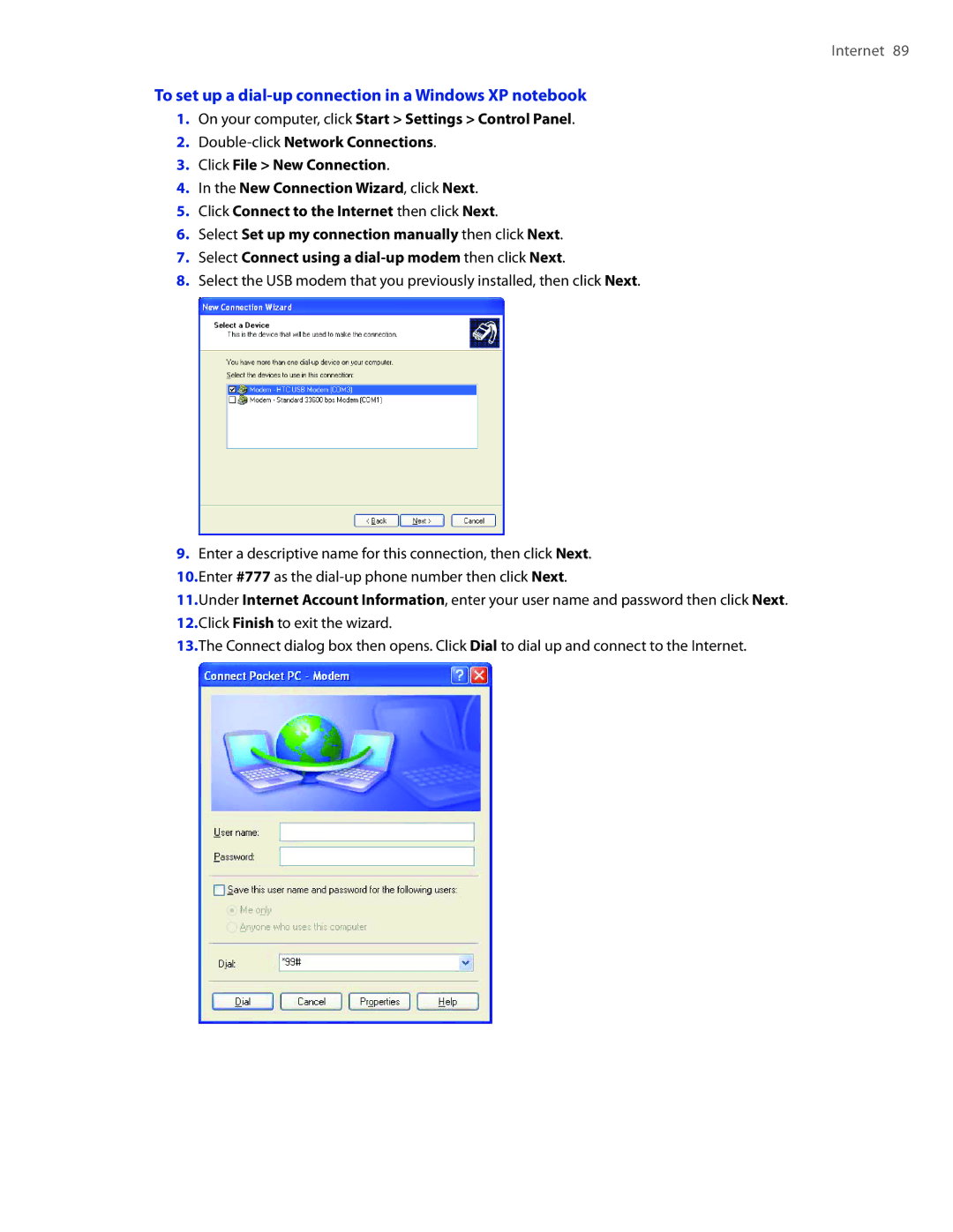 HTC DIAM400 user manual To set up a dial-up connection in a Windows XP notebook 