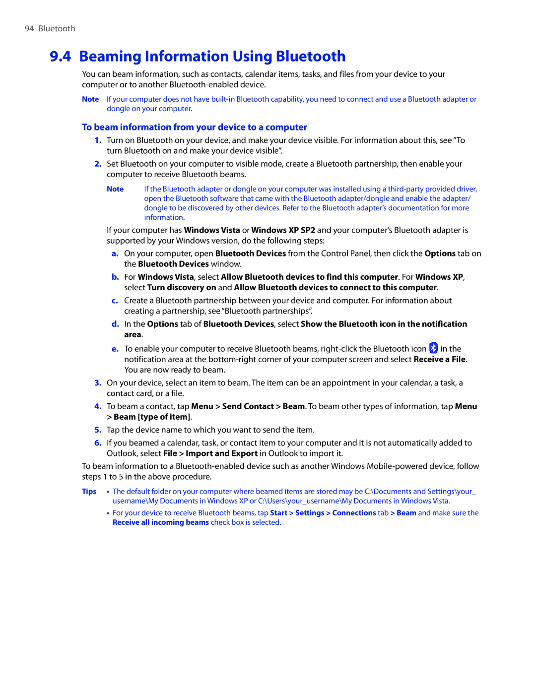 HTC DIAM400 Beaming Information Using Bluetooth, To beam information from your device to a computer, Beam type of item 