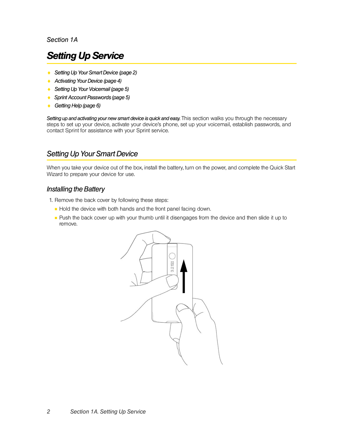 HTC DIAM500 manual Setting Up Service, Setting Up Your Smart Device, Installing the Battery 