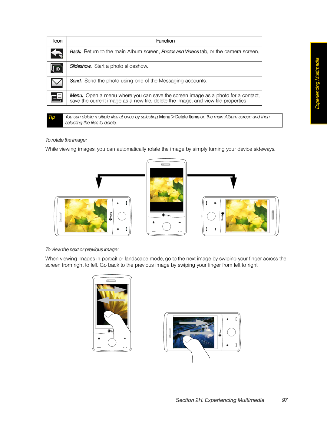 HTC DIAM500 manual Back, To rotate the image, To view the next or previous image 