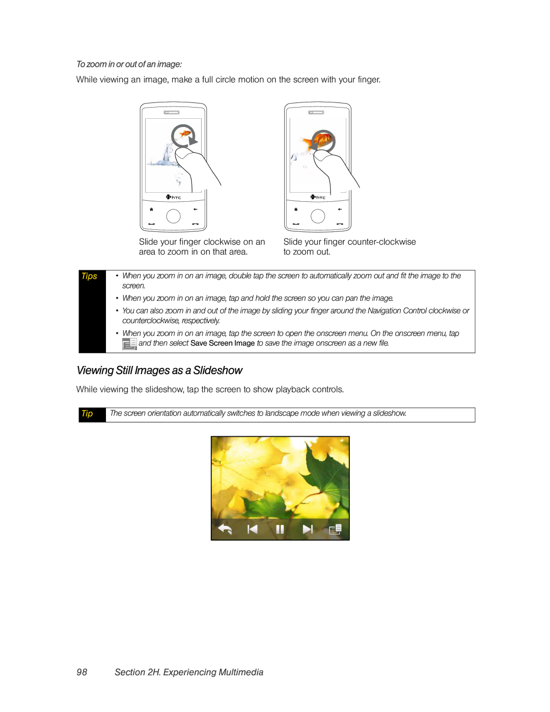 HTC DIAM500 manual Viewing Still Images as a Slideshow, To zoom in or out of an image 