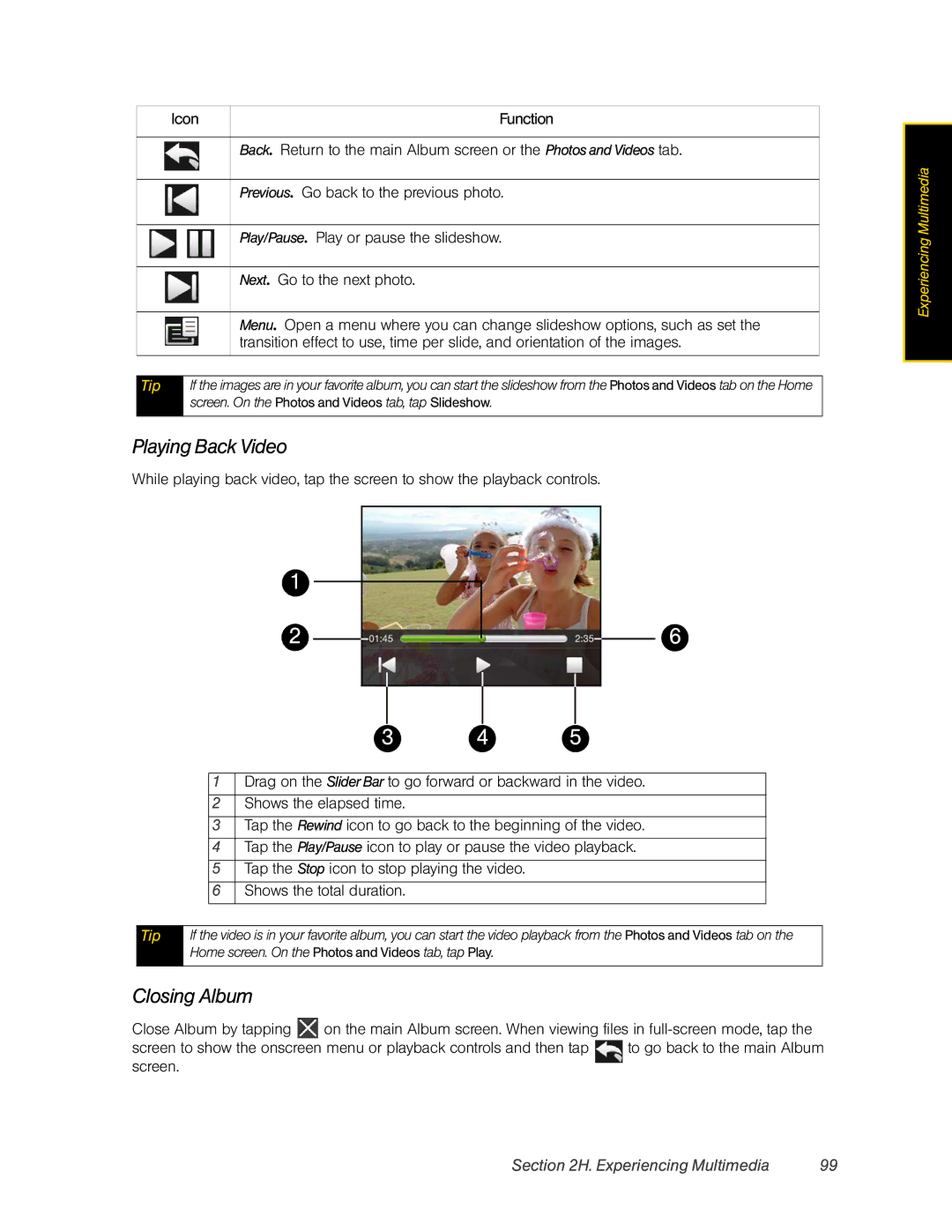 HTC DIAM500 manual Playing Back Video, Closing Album 