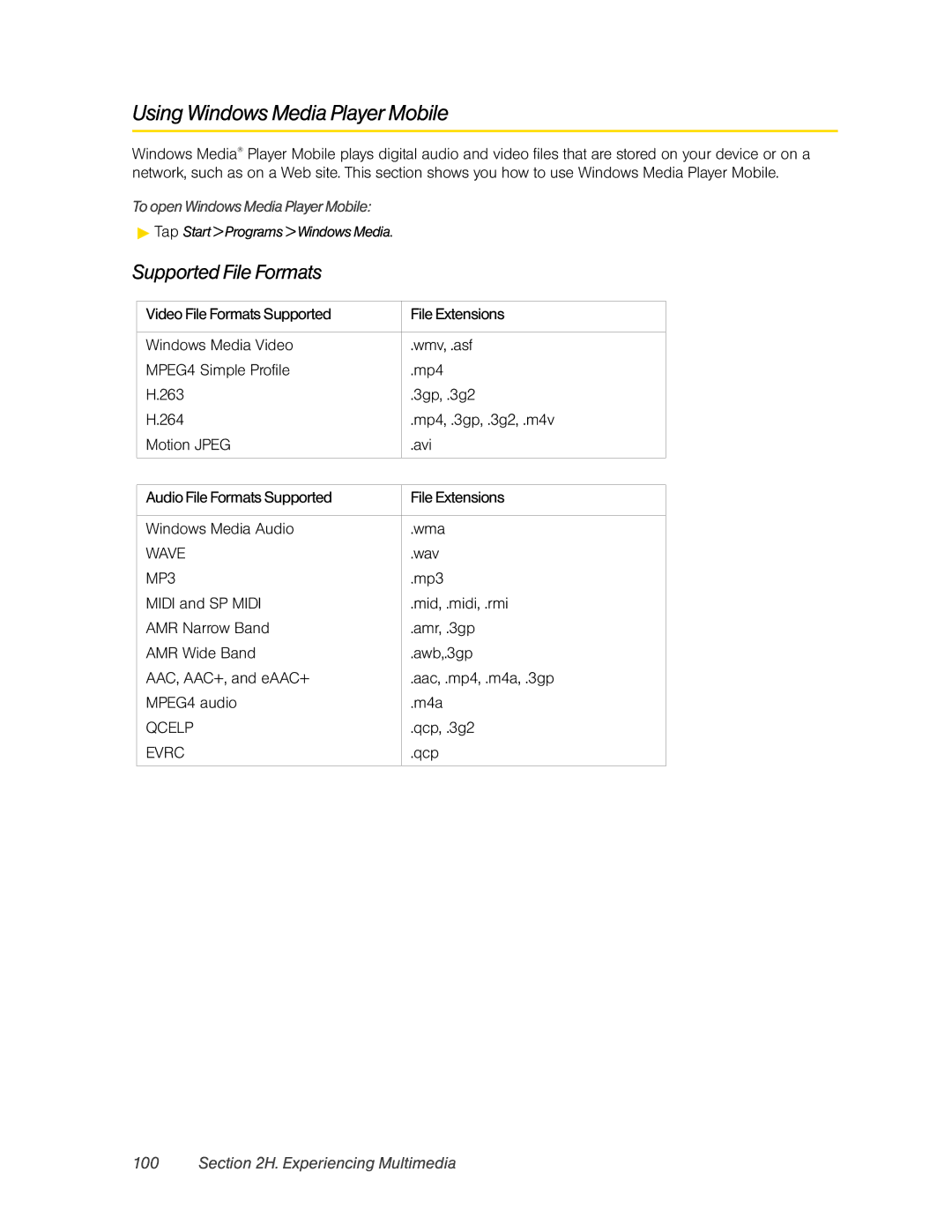 HTC DIAM500 manual Using Windows Media Player Mobile, Supported File Formats, To open Windows Media Player Mobile 