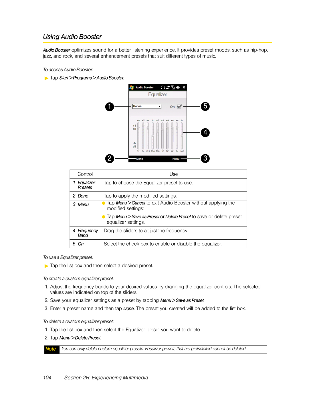 HTC DIAM500 Using Audio Booster, To access Audio Booster, To use a Equalizer preset, To create a custom equalizer preset 