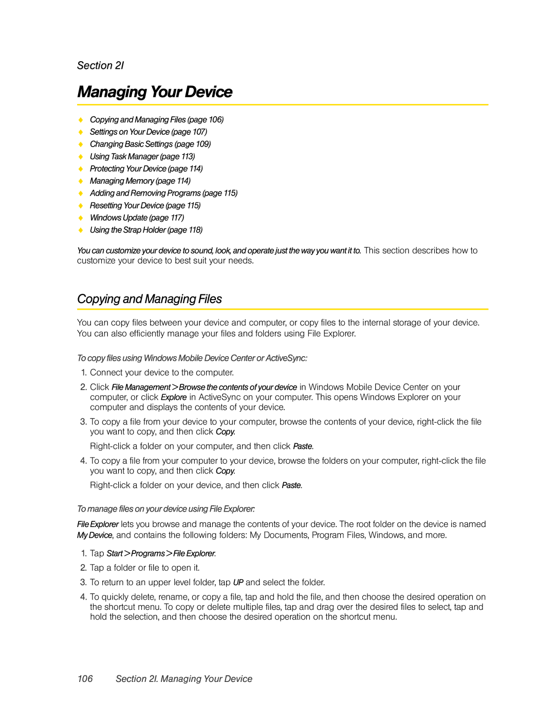 HTC DIAM500 manual Managing Your Device, Copying and Managing Files, To manage files on your device using File Explorer 