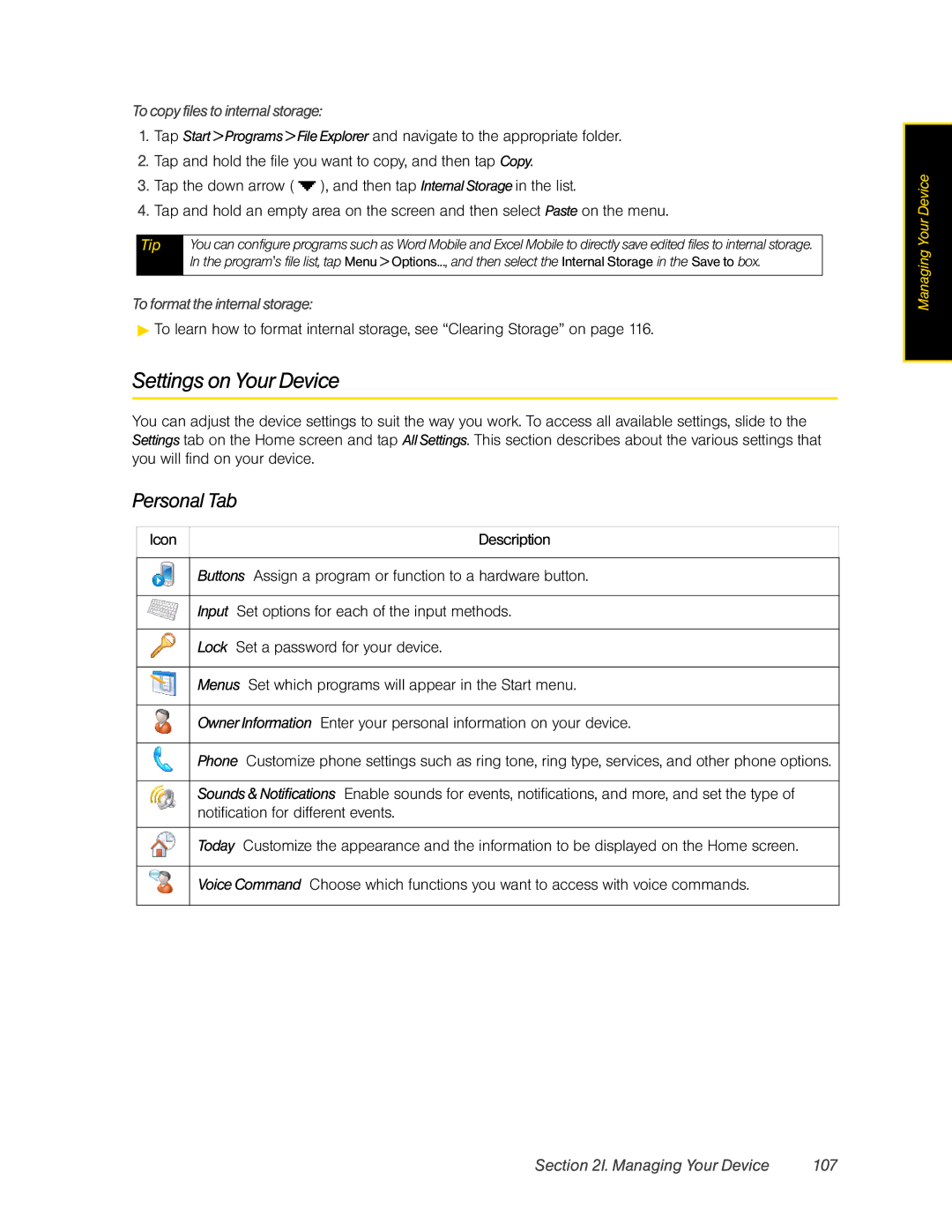 HTC DIAM500 manual Settings on Your Device, Personal Tab, Managing Your Device 107, To copy files to internal storage 