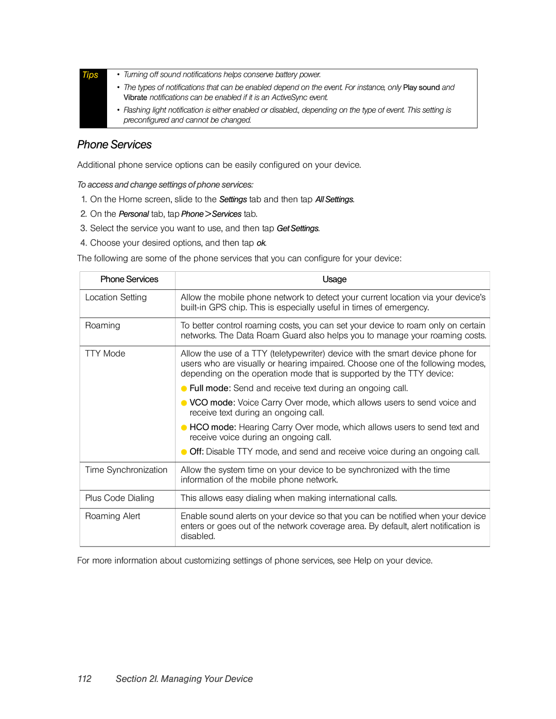 HTC DIAM500 manual To access and change settings of phone services, On the Personal tab, tap Phone Services tab 