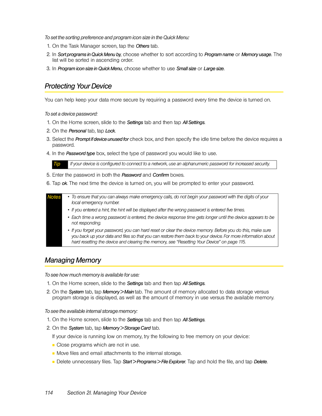 HTC DIAM500 Protecting Your Device, Managing Memory, To set a device password, To see how much memory is available for use 