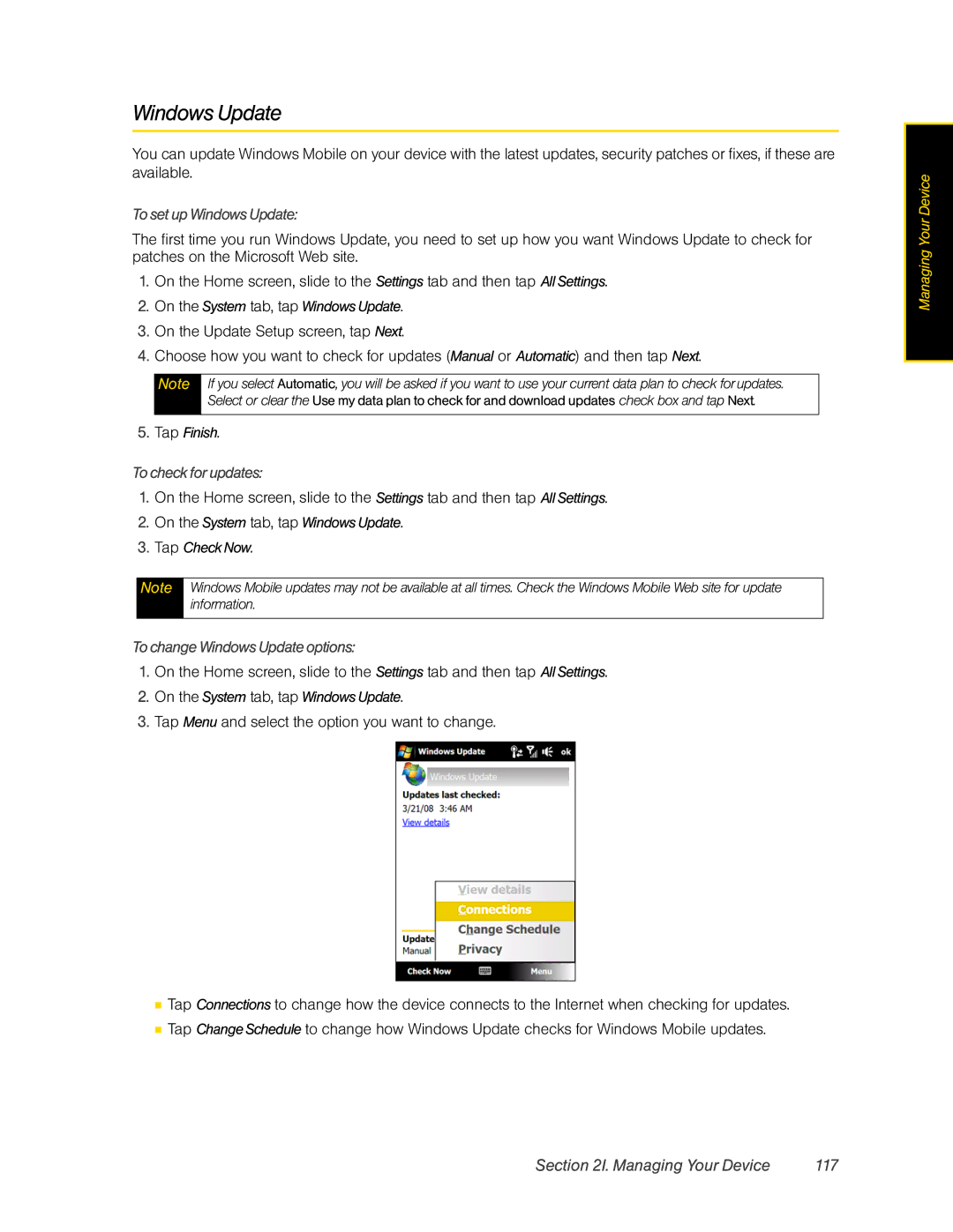 HTC DIAM500 Managing Your Device 117, To set up Windows Update, To check for updates, To change Windows Update options 