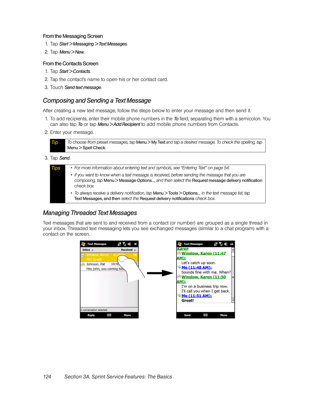 HTC DIAM500 manual Composing and Sending a Text Message, Managing Threaded Text Messages, From the Messaging Screen 